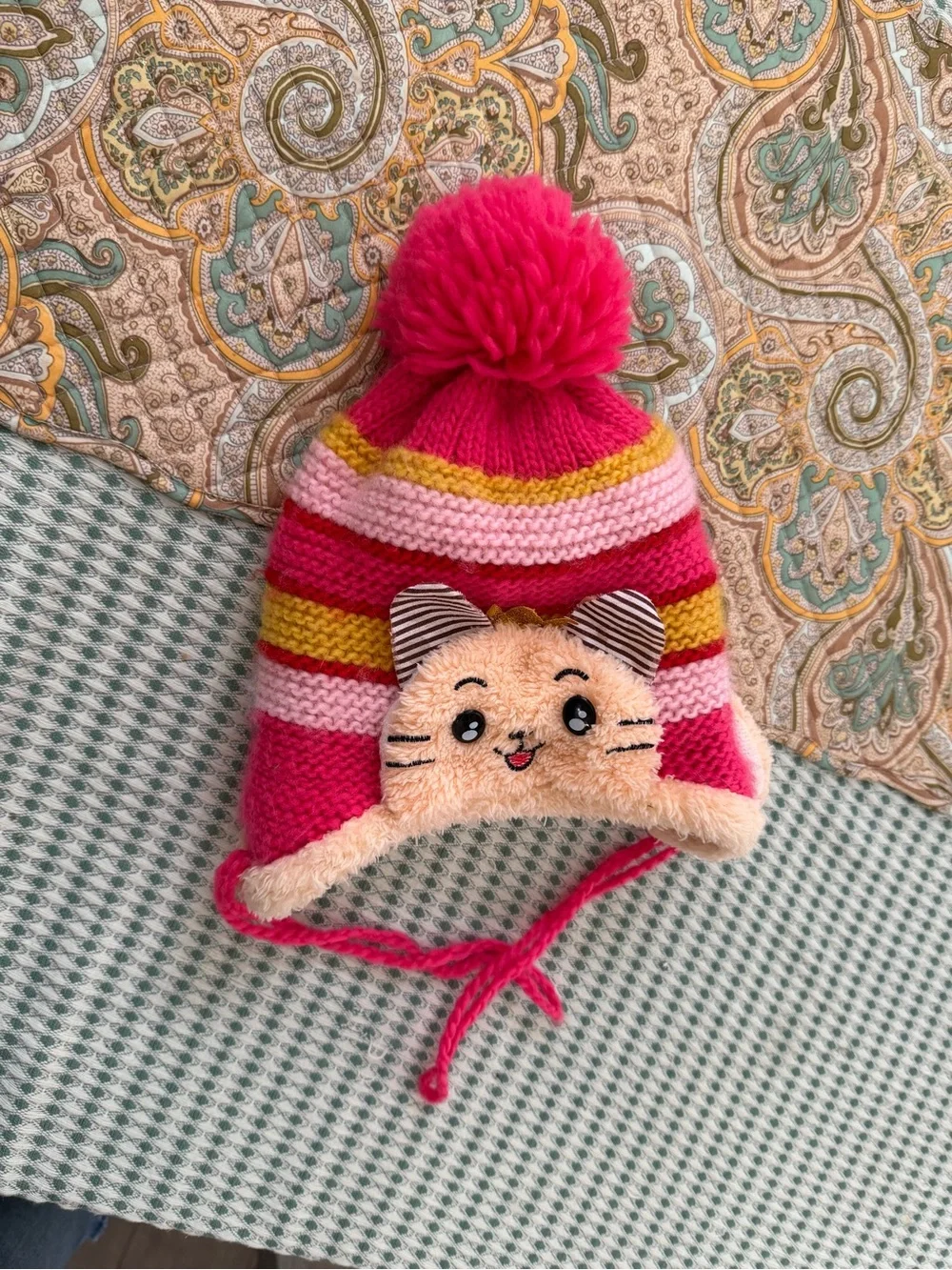 Girls' Crochet Winter Hat Pink Striped Cat Pom Pom Winter Hat Beanie